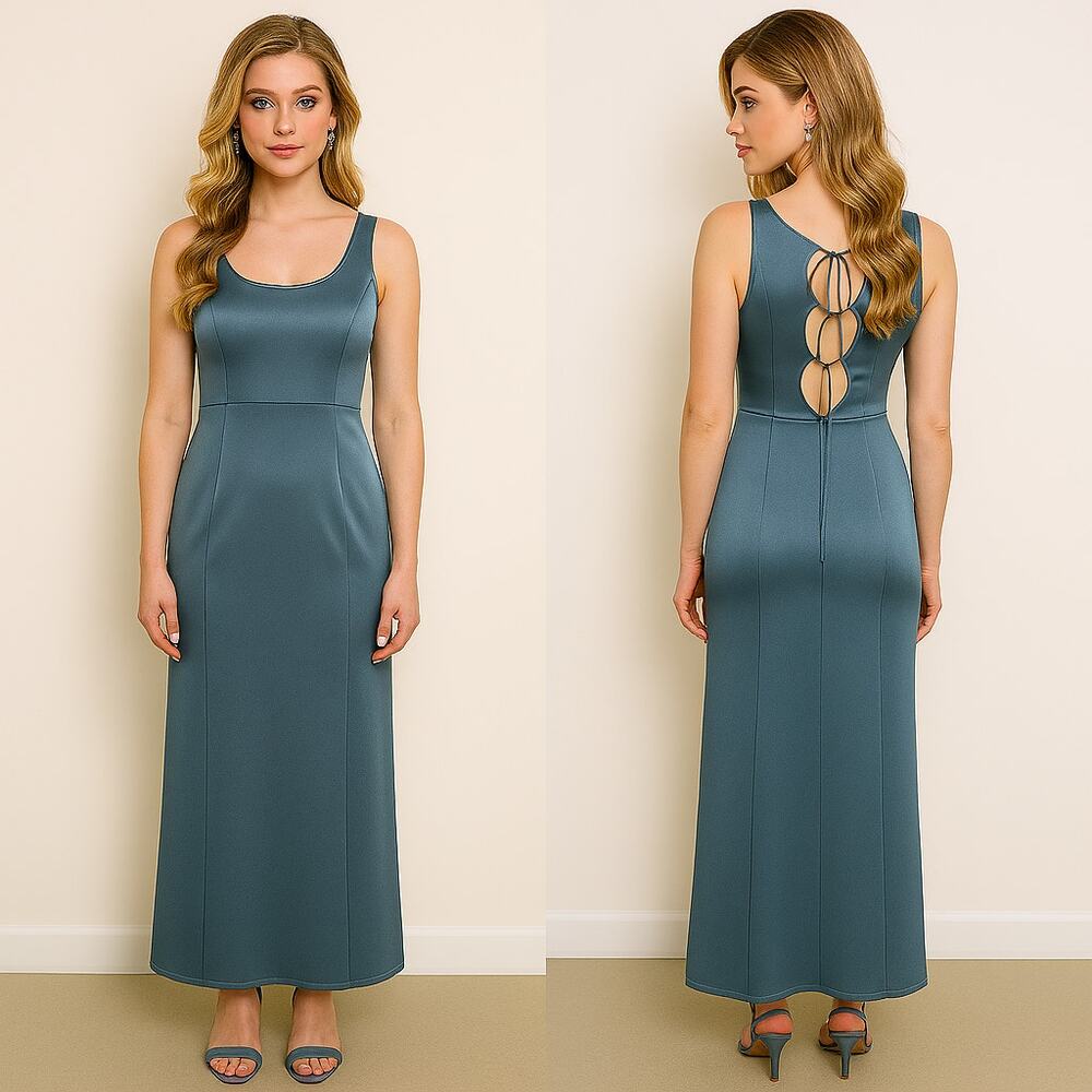 VTG 90's All That Jazz Maxi Dress Sz 11/12 Blue Satin Lace-up Back Empire Waist